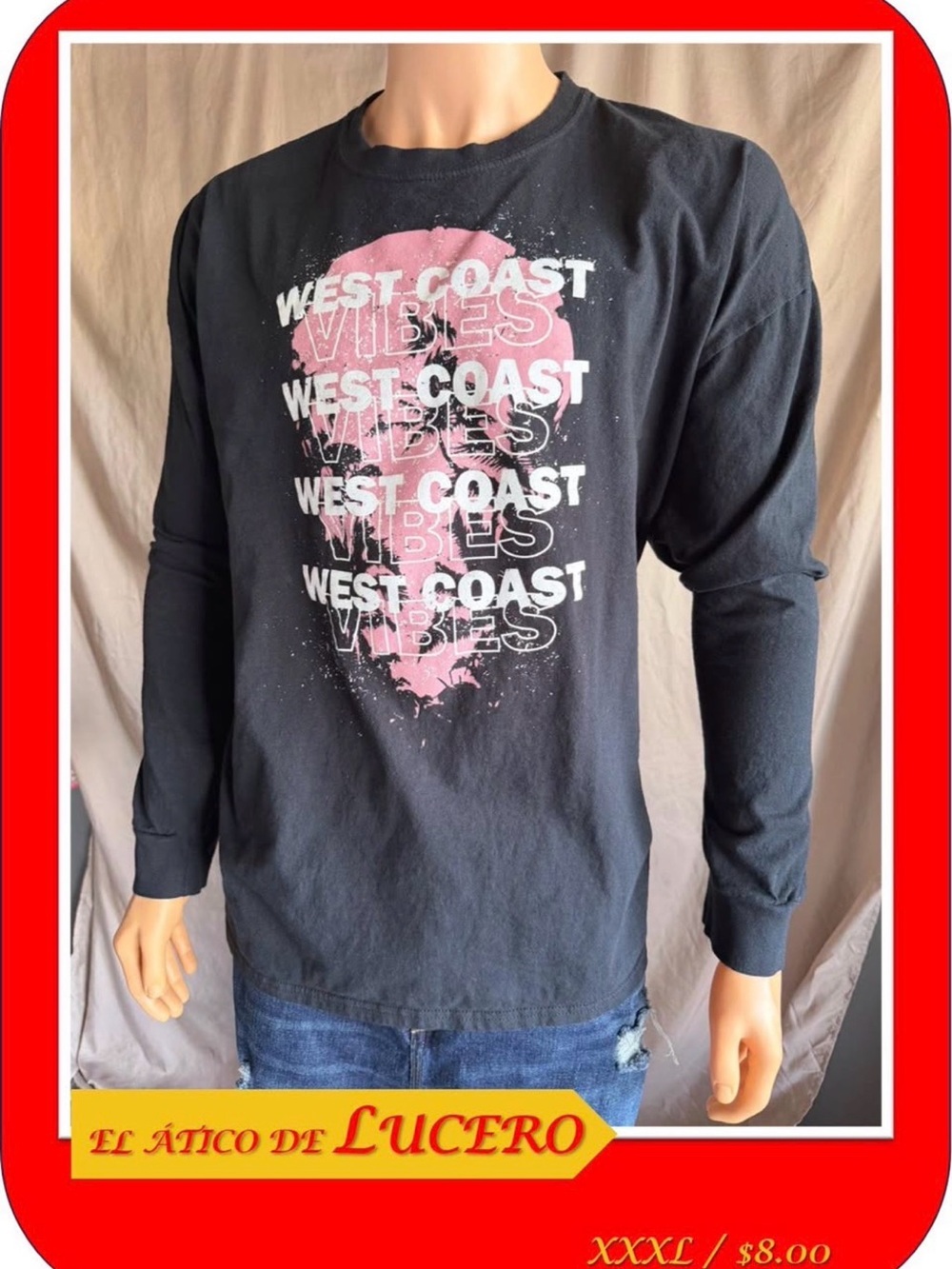 Fashion Nova Black Long Sleeve Tee with Pink & White 'West Coast Vibes' Graphic